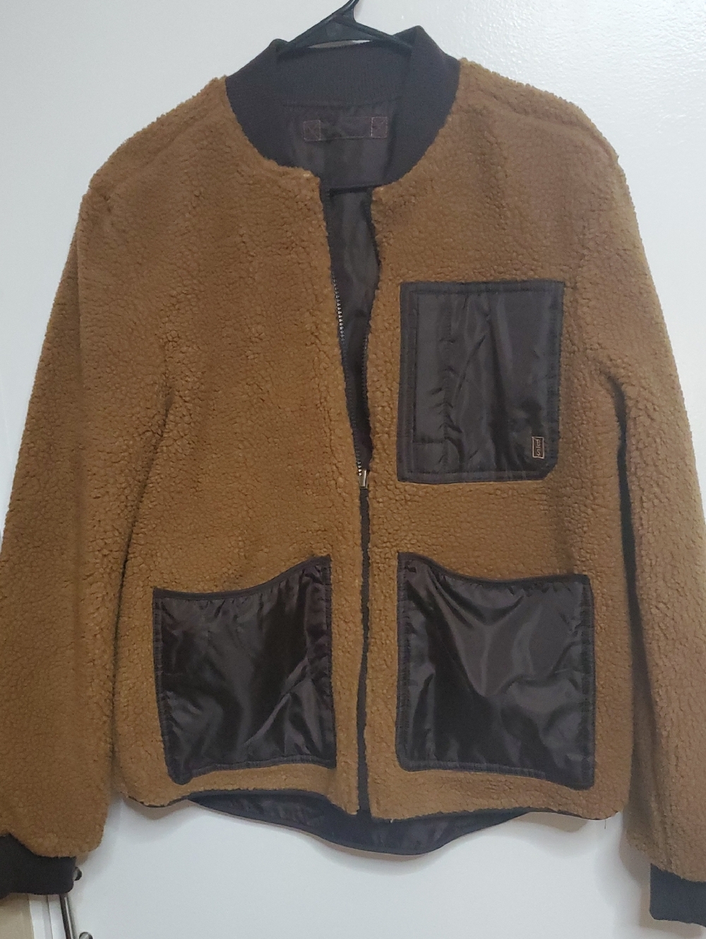 Men's Or Womens Brown Sherpa Bomber Jacket with Contrast Pockets. Soft